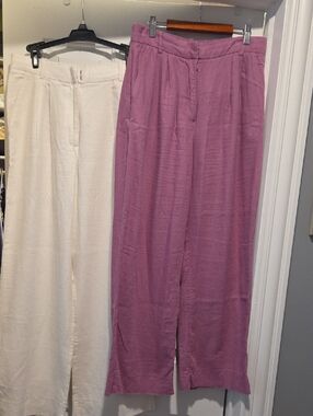 Abercrombie & Fitch Wide-Leg Linen-Blend Pants in Mauve Pink and Cream